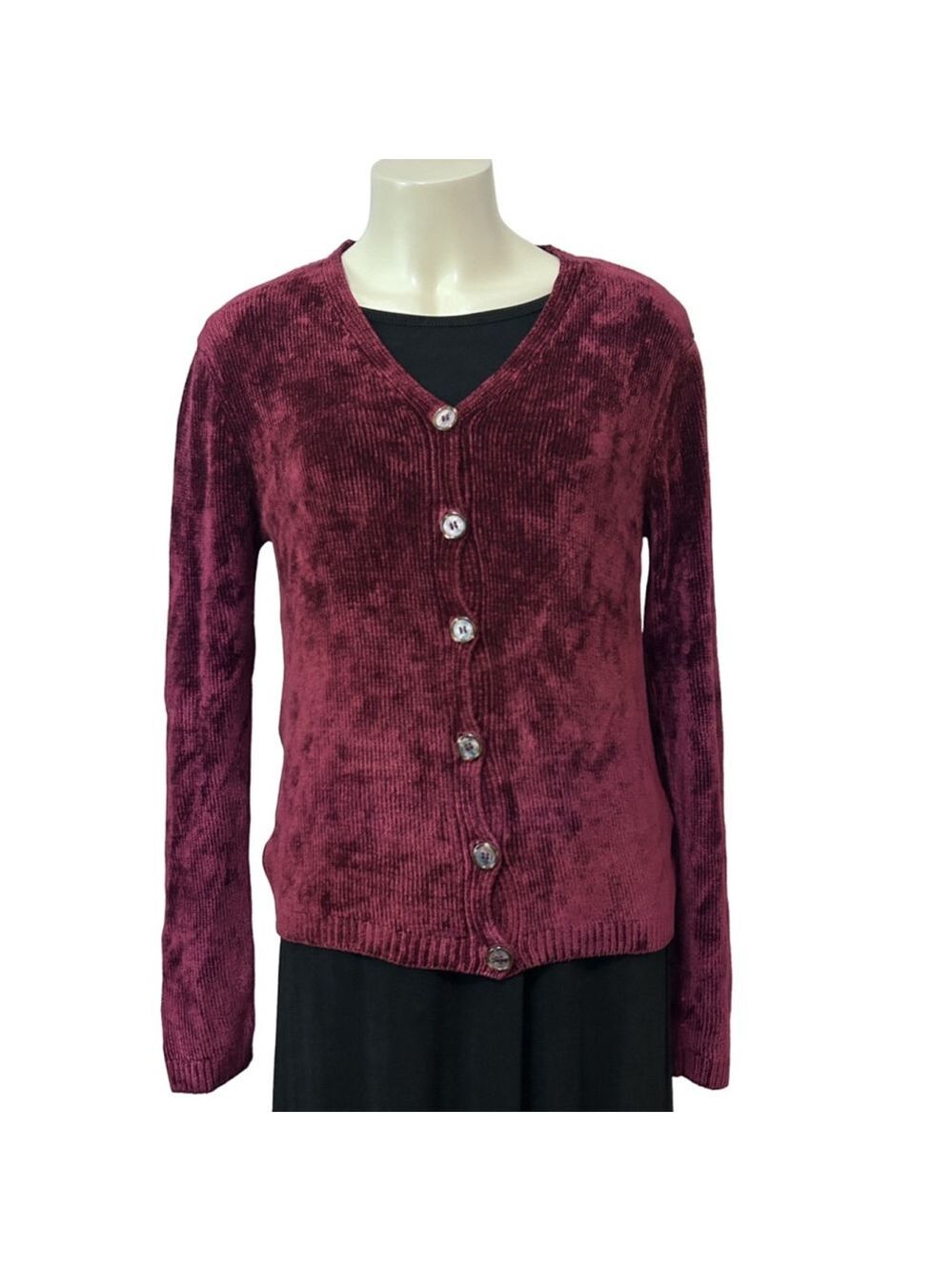 CP Shades Burgundy Velvet Ribbed Button Cardigan Women’s S Rayon